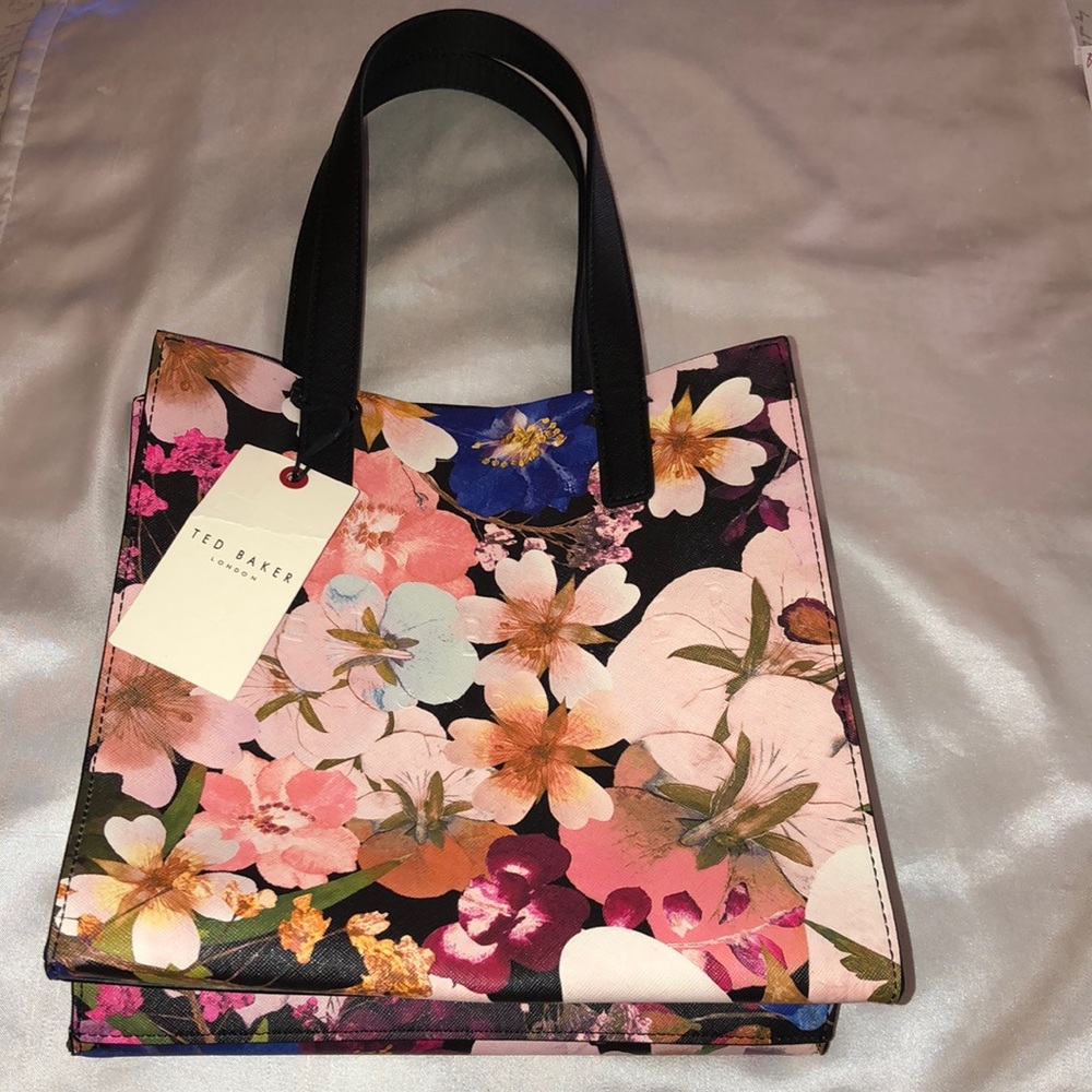 Ted Baker London Black Multi Colored Floral Print Small Icon 100% PVC Tote NWT